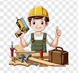 Illustration of a carpenter with tools and wood